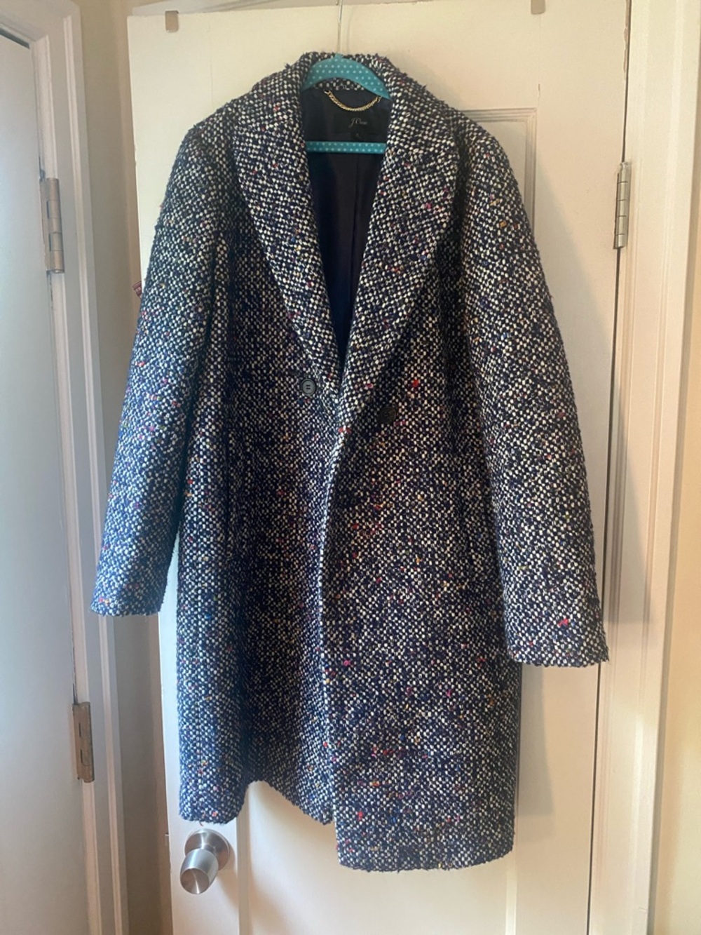 Wool Blend Bouclé Overcoat - Navy Multicolor